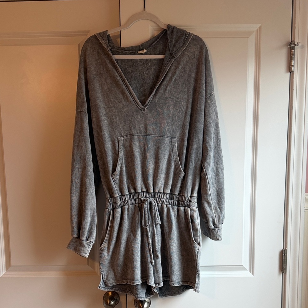 Women's Gray Hooded Romper with Drawstring Waist
